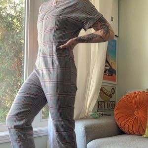 Plaid Jumpsuit/coveralls with Zipper and Cropped Length